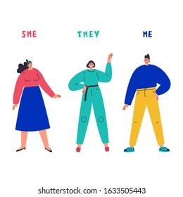 Three young people standing together.Inscription she,he,they.Gender-neutral movement.Teenager without gender stereotypes.Flat cartoon character on white background.Colorful vector illustration