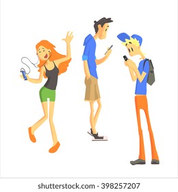 Three Young People Using Gadgets Independent Isolated Flat Vector Drawing On White Background in Cartoon Style