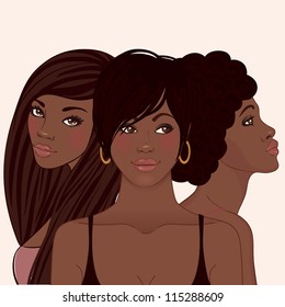 Three Young Pretty African American Woman With Different Hairstyles