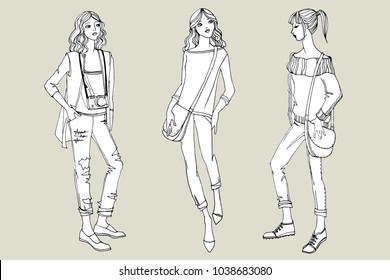 Three young pretty girls in hand drawn line sketch style. Travel girls. Black and white vector illustration. Silhouettes isolated on a gray background.
