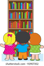 Three young school children are picking out colorful books from a towering bookcase.