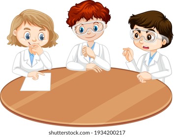 Three young scientist talking each other illustration
