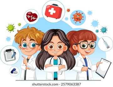 Three young scientists exploring medical concepts together