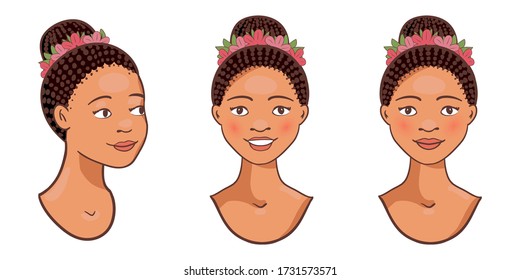 Drei junge lächelnde schöne afro-amerikanische Frauen Elemente. Afrikanische Gesichtssymbole von Weibchen isoliert auf weißem Hintergrund. Vector Illustrationen.