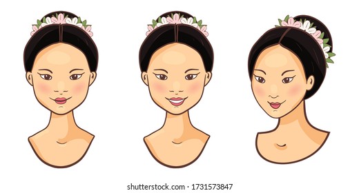 Three Young smiling beautiful asian women elements. Female face icons Isolated on a white background. Vector Illustrations.