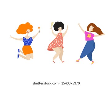 Three young smiling dancing girls friends with a glass of champagne. Isolated on white background. Happy woman dancing in party. Colorful vector illustration in flat cartoon style. 