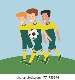 three young soccer players - funny cartoon male characters.  vector illustration