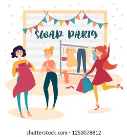 Three young social and eco responsible girls at fashion swap party. Reduce and reuse concept. Idea of exchange your old wardrobe for new. Eco-friendly cloth exchange. Vector cartoon style illustration