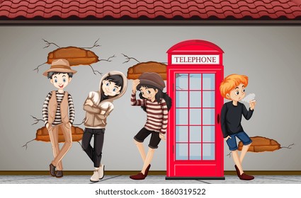 Three young standing in a group and a man smoking by the street illustration