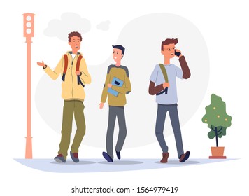 Three young students walk down the street and have fun talking. Cartoon character design. Flat vector illustration eps 10