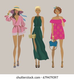 スタイリッシュな3人の女の子 ファッションモデル 夏の流行服 ベクターイラスト のベクター画像素材 ロイヤリティフリー