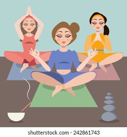Three young woman doing yoga class, exercise, reaching zen, mindfulness 