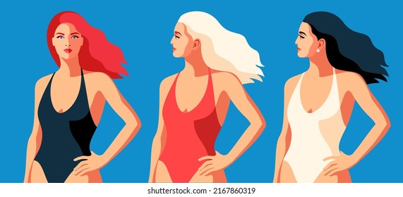 Three young women, brunette, blonde and redhead, wearing swimsuit of different colors. Set of female characters, full face and side view. Vector illustration