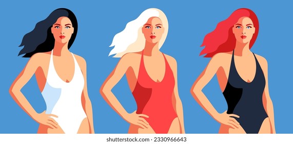 Three young women, brunette, blonde and redhead, wearing swimsuit of different colors. Set of female characters, full face. Vector illustration