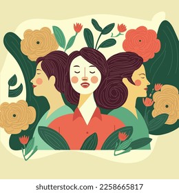 Three Young Women Characters Smiling On Floral Decorated Background. Happy Women's Day Concept.