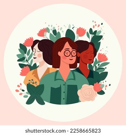 Three Young Women Characters Smiling On Floral Decorated Background. Happy Women's Day Concept.