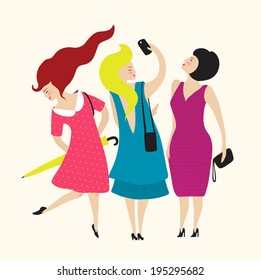 Three Young Women Friends Club. Flat simple illustration for woman club. Vector EPS8