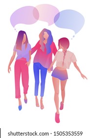 Three young women or girls, dressed in fashionable clothes, walk together, chatting with each other.  A group of friends with colorful dialog speech bubbles. Female characters on a white background.