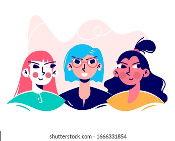 Three young women or girls dressed in trendy clothes standing together. Group of friends or feminist activists. Female cartoon characters isolated on white background. Flat colored vector illustration