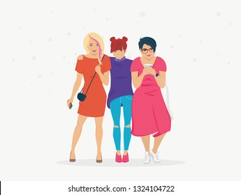 Three young women or girls wearing casual clothes standing together as friends. Flat vector illustration of group of female teenagers hugging each other. Concept feminist characters isolated on white