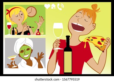 Three young women having a girls night in via video chat, EPS 8 vector illustration