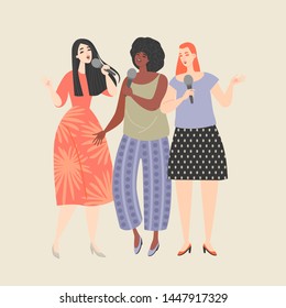 Three young women with microphones singing a song at a karaoke party. Vector illustration for use in a banner or poster.