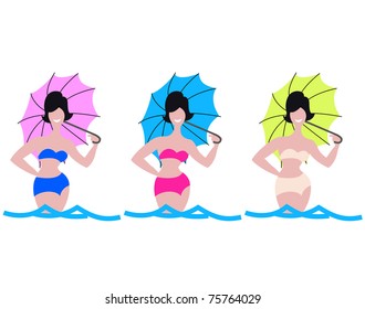 Three young women with multicoloured parasols. Summer