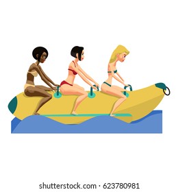 Three young women ride a banana. Girls in the summer on the beach. Flat isolated vector illustration
