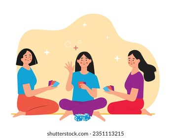 Three young women sitting in the living room playing cards with dice, a fun activity with friends at home on weekends. Character design. Vector flat illustration