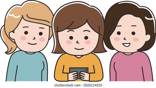 Three young women staring at a smartphone. Vector illustration isolated on white background.