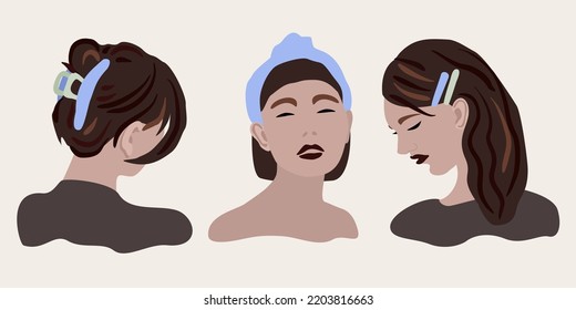 Three young women with various hair accessories. Vector isolated illustration.