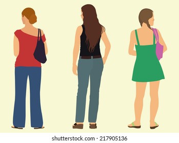 Three Young Women Viewed from Behind while Wearing Casual clothes