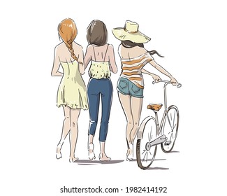 three young women walking barefoot with bicycle, back view vector illustration