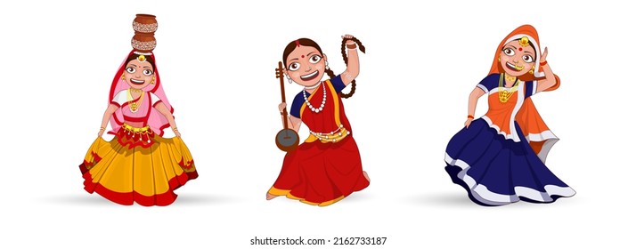 Three Young Women Wearing Traditional Attire In Three Classical Dance.