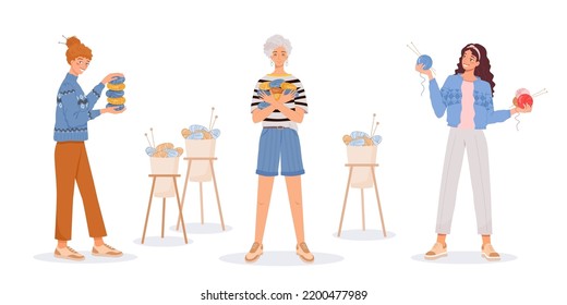 Three young women in woolen sweaters hold skeins of yarn and knitting needles in their hands. Handmade concept, love for knitting. Vector illustration in flat style on white isolated background.



