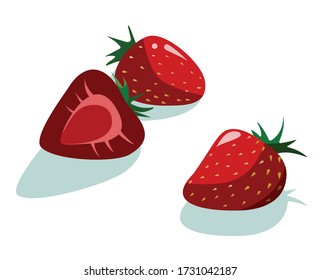 Three yummy sweet fresh red strawberries vector illustration in hipster flat style. For restaurant menu decoration, products label sticker packaging design for jam, yogurt, natural cosmetics etc