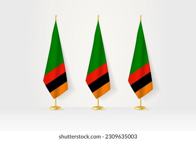 Tres banderas de Zambia en fila en un puesto de oro, ilustración de la conferencia de prensa y otras reuniones. Ilustración vectorial.