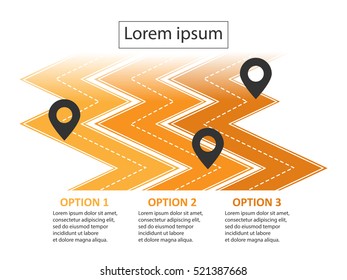 Three zig-zag road template infographic with pin-pointer. Vector EPS 10