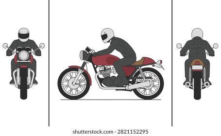 Three-angle view of a red motorcycle with a rider wearing a white helmet and black leather jacket.