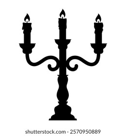 Three-arm candlestick. Candelabrum. Vector black icon isolated on white background.