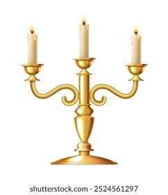 Three-arm candlestick. Golden candlestick. Candelabrum. Vector 3d clipart isolated on white background.