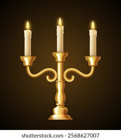 Three-arm candlestick. Golden candlestick. Candelabrum. Vector 3d clipart isolated on black background.