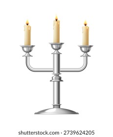 Three-arm candlestick. Silver candlesticks. Vector 3d clipart isolated on white background.