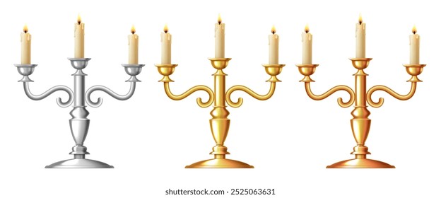 Three-arm candlestick. Silver, gold and bronze candlesticks. Vector 3d clipart isolated on white background.