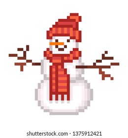 Three-ball snowman with a carrot nose and twig hands in a red knitted pom-pom hat and scarf, old school 8 bit pixel art icon isolated on white background. Winter activity logo.
