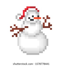 Three-ball snowman with a carrot nose & twig hands in a red Santa's hat, old school 8 bit pixel art character icon isolated on white background.Christmas symbol.Old school vintage retro game graphics.