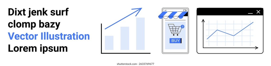 Gráfico de três barras com seta para cima, carrinho de compras móvel e gráfico de linha de computador. Ideal para e-commerce, crescimento de negócios, marketing digital, análises de vendas, compras on-line, relatórios financeiros e dados