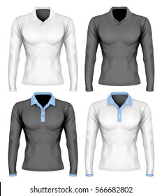 Three-button placket polo collar polo shirt. Long-sleeve variant of polo-shirt. Different polo collar variants. Vector illustration. Fully editable handmade mesh.