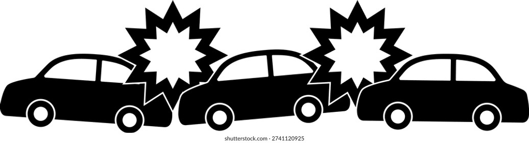 Three-car chain-reaction pileup isolated vector silhouette