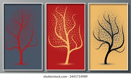 Three-color art triptych with trees. A composition of three images in white thin frames for interior decoration, blog design, social media accounts, corporate design and your other projects. Vector.